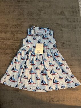 Rachel Riley Light Blue Sailboat Print Dress with Navy and Red Accents